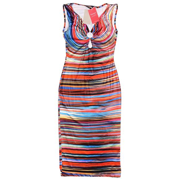 NWT Flamingo Striped Ring Linked Hollow Out Stretch Midi Dress Women's Small - Picture 1 of 9